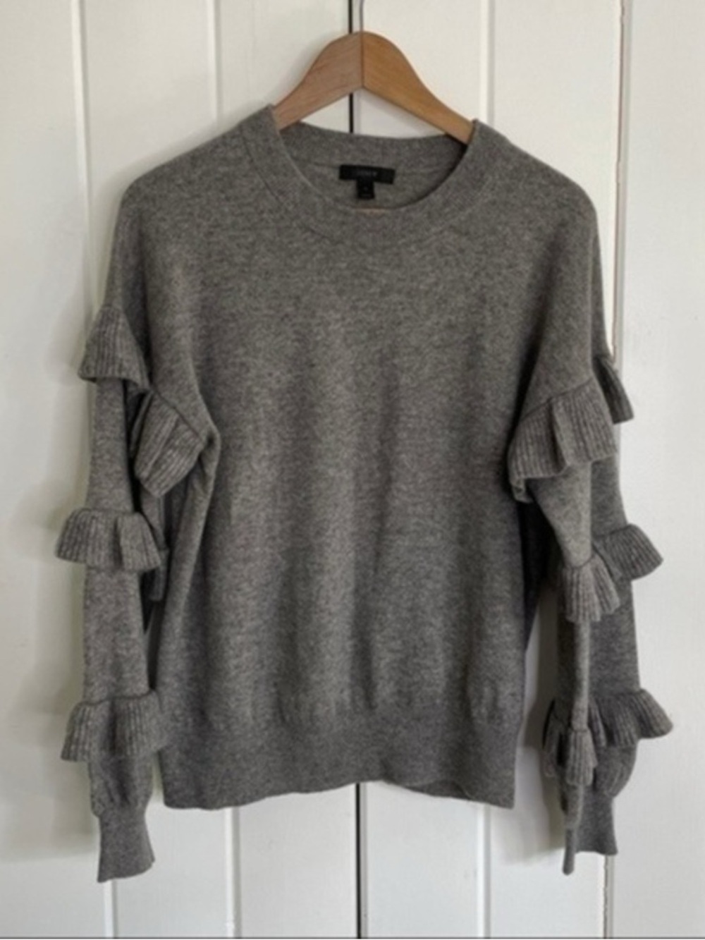 J. Crew Gray Ruffle-Sleeve Crewneck Sweater